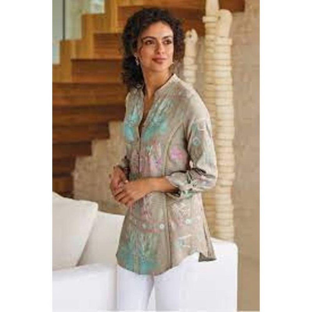 Soft Surroundings Size 1X Calais Tunic Top Taupe Embroidered Long Sleeve